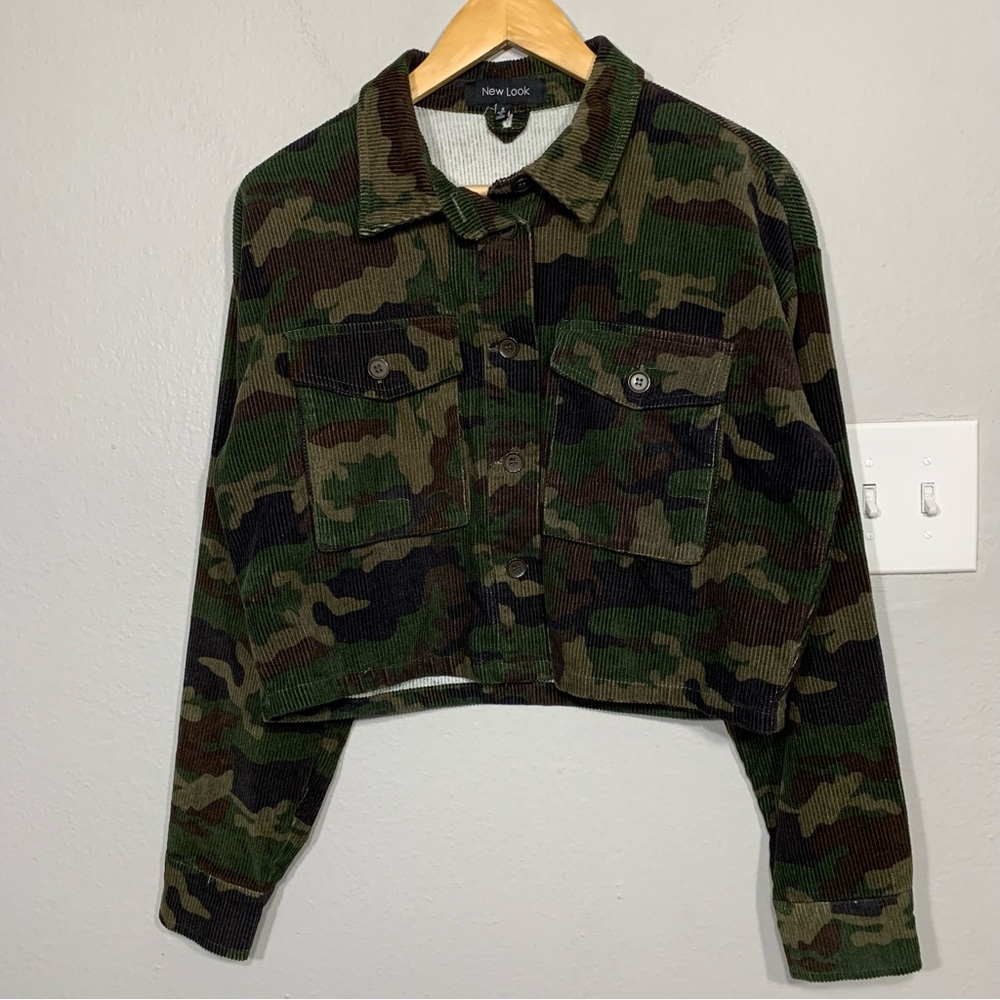 Corduroy Green/Brown Camo Cropped Jacket Womens Size Small Y2K